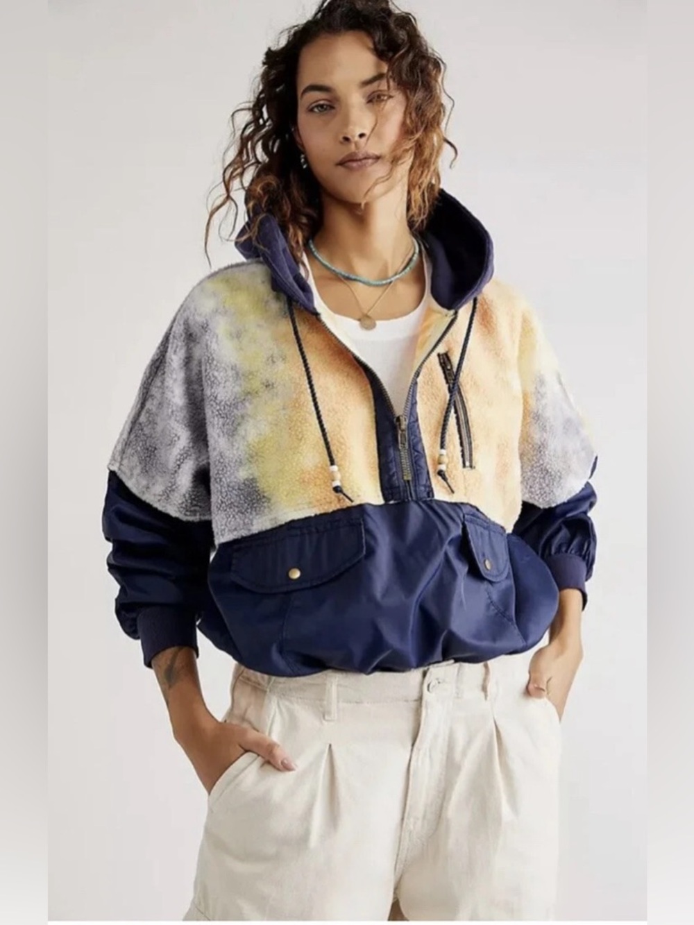 Free People No Big Deal Pullover Sweatshirt Jacket Hoodie Tie Dye Blue in Size S